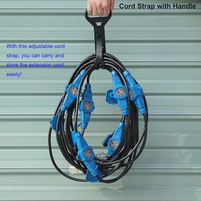 50 Feet Multi Outlet Extension Cord 12 Gauge,7 Nema 5-15R Evenly Spaced Outlets with Blue Indicators,Male Plug to Female Connector,Erboelec,ETL Listed