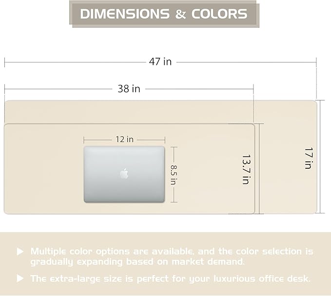 Aothia Leather Desk Pad Protector, Office Mat, Large Mouse Pad, Laptop Pad, Non-Slip PU Leather Blotter, Waterproof Writing Pad for Office and Home (Beige, 47" x 17")