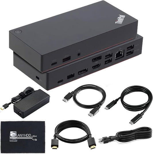40AS0090US Lenovo Thinkpad Docking Station - Supports 4K Display, 1 Year Warranty, USB C Gen 2 Dock with 90W Adapter + 4K HDMI Cable + USB-C Cable + 4K DisplayPort Cable + Microfiber Cloth (Renewed)