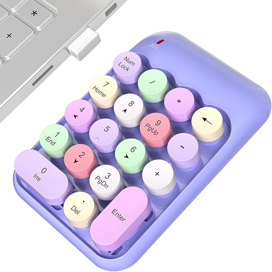 Wireless Number Pads, Cute Colorful Numeric Keypad Numpad Portable 2.4 GHz Financial Accounting Number Keyboard Extensions, 18 Key Number Numpad for Laptop Desktop, PC (Purple)
