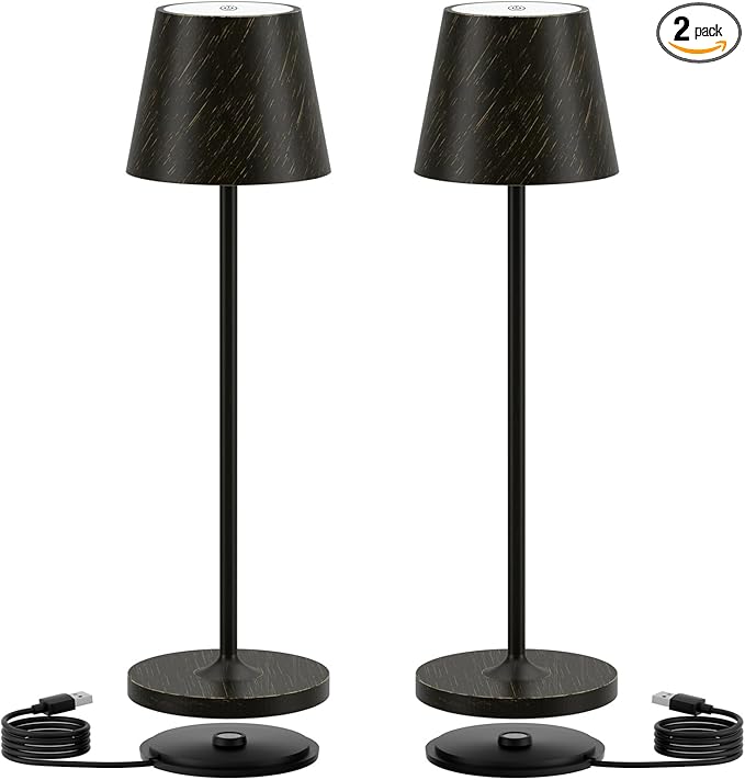 Ralaby IP54 Cordless Table Lamps Portable Rechargeable Battery Operated Lamp Aluminum Dimmable Indoor/Outdoor Cordless Lamp, Desk Lamp for/Restaurant/Camping/Bedroom (2 Pack,Black Brush Gold,4800mAh)