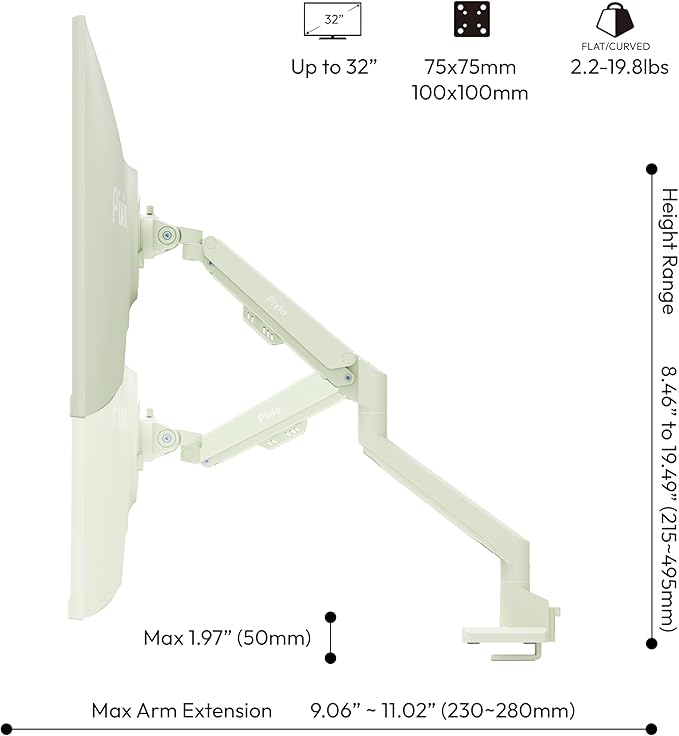 Pixio PS1S Wave Mint Green Single Monitor Arm Stand Desk Mount - Fits up to 32 inches Monitors and up to 19.8lbs. VESA Compatibility and Integrated Cable Management