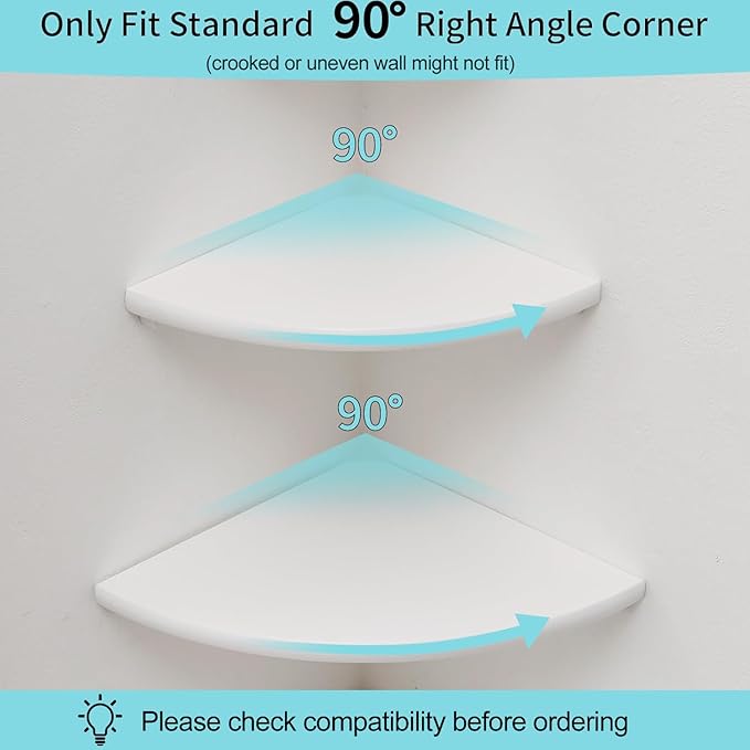 Corner Shelf, White Floating Corner Shelf, Set of 2 10inch Solid Oak Wood Wall Shelves, Round End Wall Mount with Wire Hole for Small Plant for Bedroom Kitchen, Living Room