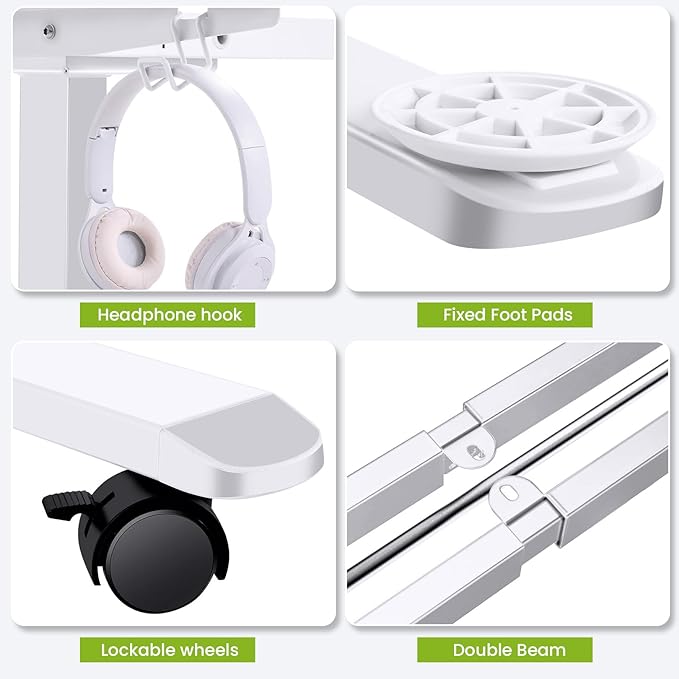 farexon Electric Stand Up Desk Frame Workstation, Dual-Beam Standing Desk Legs with Wheels&Hooks,170 lbs Capacity up to 71" x 40" Desktops, Ergonomic Table Base Workstation, White Frame Only