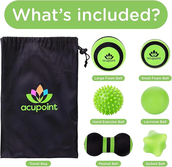 Massage Ball Therapy Set for Muscle Knots and Post-Workout - Physical Therapy Balls, Trigger Point & Yoga Therapy, Massage Ball for Feet - 6-Piece Set (Green)'