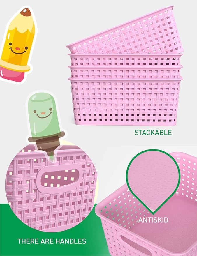 WYT 6-Pack Plastic Small Shelf Storage Weave Baskets Organizing for Cabinets and Pantries, Lavender Purple