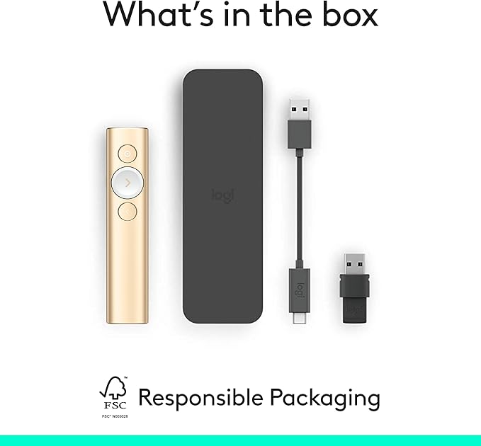 Logitech Spotlight Presentation Remote - Universal Wireless Presentation Clicker with Laser Pointer, Advanced Digital Highlighting, Bluetooth, 30 m Range and Quick Charging - Gold