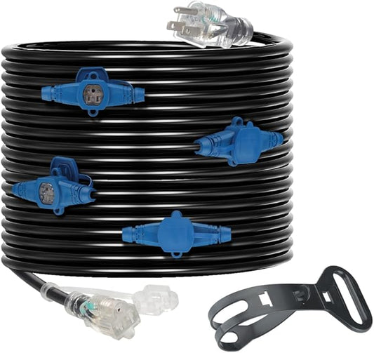 25 Feet Multi Outlet Extension Cord 12 Gauge,5 Nema 5-15R Evenly Spaced Outlets with Blue Indicators,Male Plug to Female Connector,Erboelec,ETL Listed