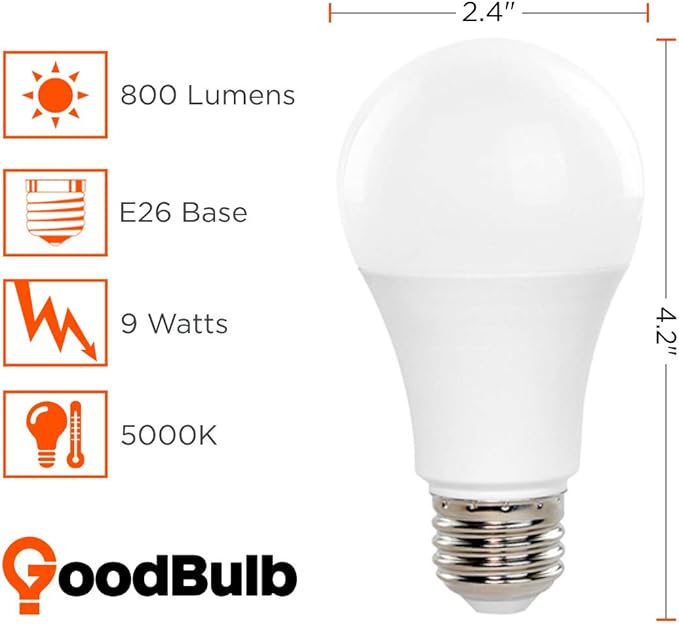 GoodBulb LED Light Bulbs | 10 Watt (60 Watt Equivalent) | Daylight Color 5000K | 25,000 Hours | Non-dimming | E26 Base | A19 Shape | Standard Household Bulb | Pack of 6 Bulbs