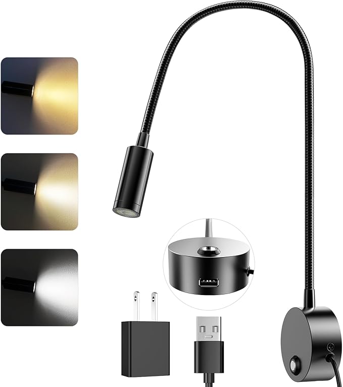 ERAY Plug-in LED Wall Mount Reading Light with 15" Flexible Gooseneck & USB Charging Port Dimmable Focused Bedside Reading Lights Black-1 Pack