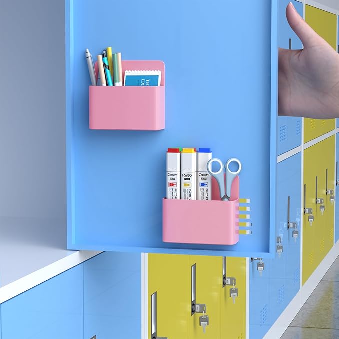 Mabrasse 2p Magnetic Dry Erase Marker Holder,Pen and Eraser Holder for Whiteboard, Magnet Pencil Cup Utility Storage Organizer for Office, Refrigerator, Locker and Metal Cabinets（Pink）