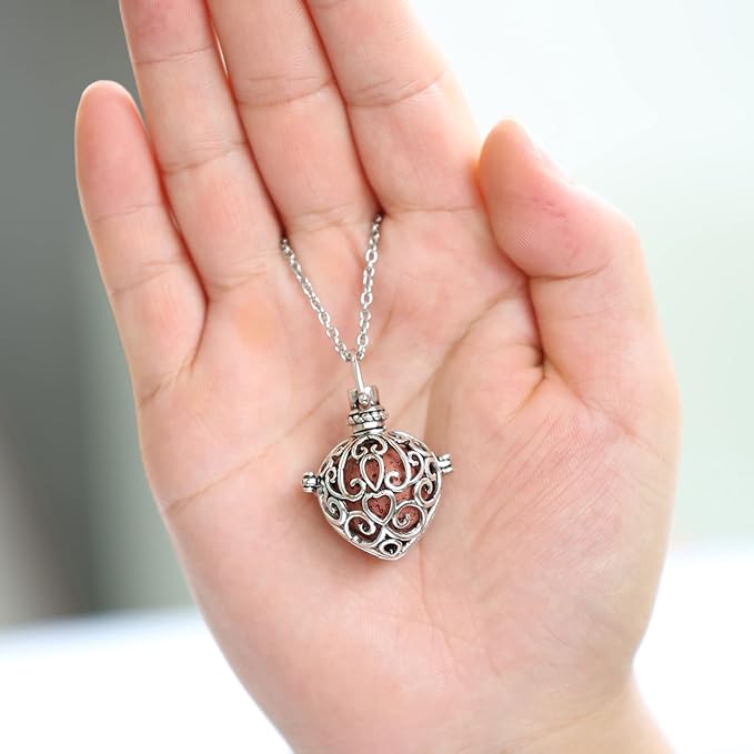 2PCS Aromatherapy Essential Oil Diffuser Necklace Love Heart and Hollow Ball Locket Pendant Necklace with Lava Bead Stone for Women