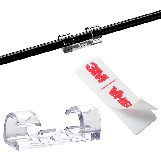 Self-Adhesive Cable Clips Organizer Drop Wire Holder Cord Management, Max Fitting Cable Diameter 0.27 inch, Pack of 20, Transparent