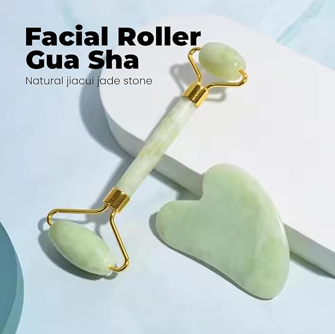 ROSELYNBOUTIQUE Gua Sha Facial Tools & Face Roller Original Face Massager for Puffiness Wrinkless Skin Care Routine - Self Care Gift for Men Women (Jiacui Light Green)