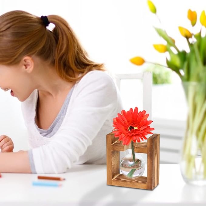 Kingbuy Glass Plant Terrarium - 1 Bulb Propagation Station with Retro Wood Stand Indoor Garden Planter, Bulb Vase & Desktop Decor for Home Kitchen Wedding, Gift for Women & Plant Lover