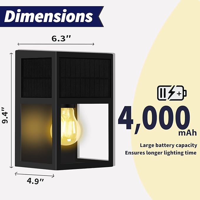 Outdoor Light Fixture Solar Powered, Super Bright Waterproof Porch Light, Stainless Steel & Tempered Glass Wall Lantern, Elegant LED Sconce for Front Door Lighting, Warm White, 2 Pack