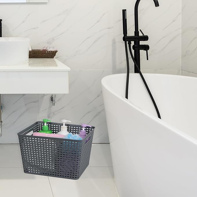 Anbers 6 Pack Plastic Weave Basket for Shelves, Stackable Storage Basket with Lid, Dark Grey