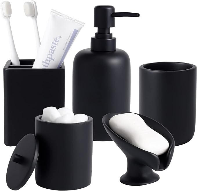 Resin Matte Black Bathroom Accessories Set of 5, Lotion Soap Dispenser, Bathroom Organizer Accessory, Toothbrush Holder, Self Draining Soap Dish and Bathroom Tumbler for Modern Home Decor