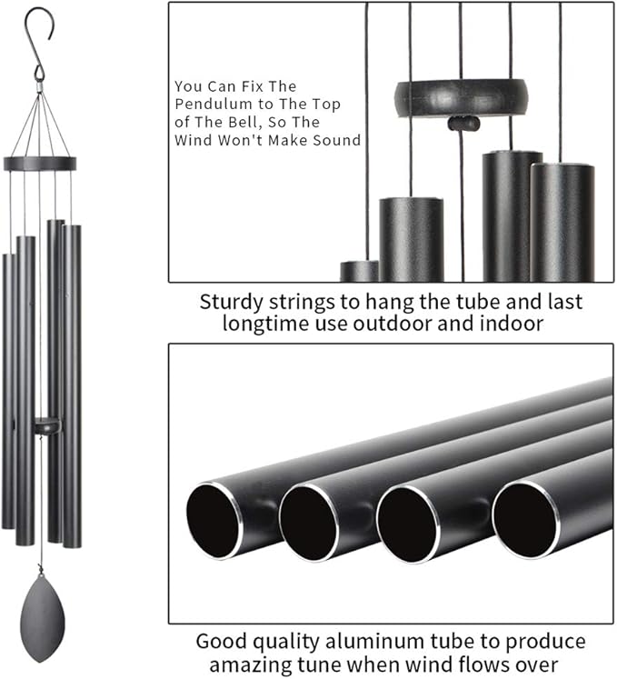 Large Wind Chimes Outside Deep Tone,44" Memorial Wind Chimes Outdoor with 4 Heavy Tubes Soothing Melody Sympathy Gift for Mom Patio Hanging Decor(Black)