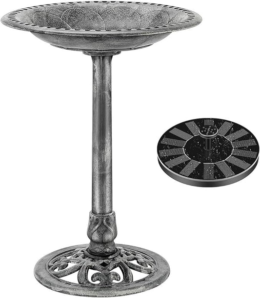 VIVOHOME Polyresin Antique Outdoor Gray Garden Bird Bath and Solar Powered Round Pond Fountain Combo Set