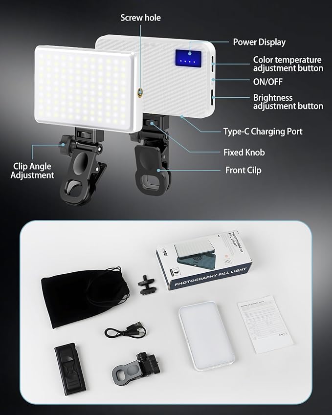 168 LED Portable Selfie Light Video Conference Light with Front & Back Clip, Rechargeable 3 Light Modes for Phone, iPhone, Android, iPad, Camera, Laptop, Makeup, Tiktok, Vlog(White)