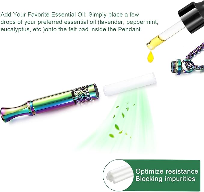 Anxiety Relief Pendant Mindfulness Breathing Necklace - Essential Oil Diffuser & Personal Inhaler Aromatherapy Necklaces for Women & Men (Rainbow)