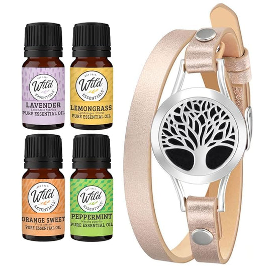 Wild Essentials Tree of Life Essential Oil Leather Wrap Bracelet Diffuser, Gift Set, Lavender, Lemongrass, Peppermint, Orange Oils, 12 Pads, Customizable Color Changing Perfume Jewelry, Aromatherapy