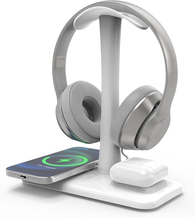 5 in 1 Headphone Stand with 15w Wireless Charger, Fast Wireless Charging Station Headset Holder for iPhone 15/14/13/12/11/XS/XR/X, Air Pods 3/2/Pro/2, Desk Gaming Headset Holder (White)