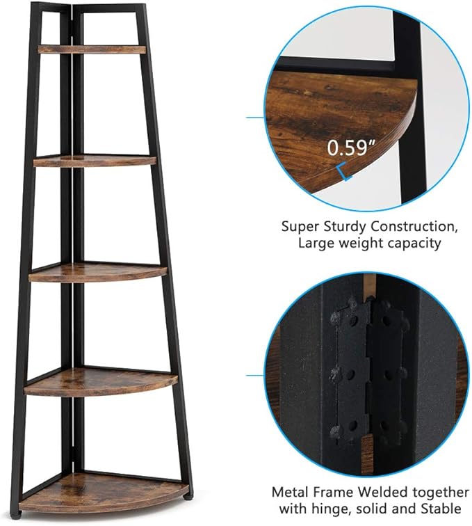 Tribesigns 70 inch Tall Corner Shelf, 5 Tier Rustic Corner Bookshelf Bookcase Industrial Corner Ladder Shelf Plant Stand for Living Room, Kitchen, Home Office (Brown)
