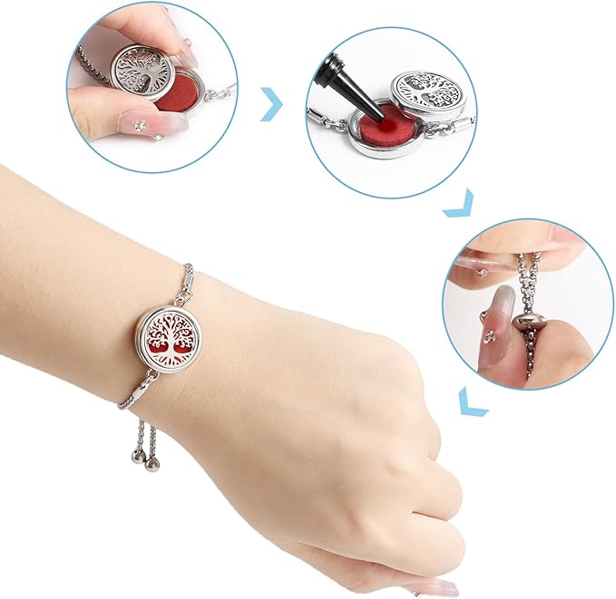 Essential Oil Diffuser Bracelet Aromatherapy Locket Adjustable Bracelet Stainless Steel Tree of Life Bracelet with 10 Pcs Refill Pads for Women Girls