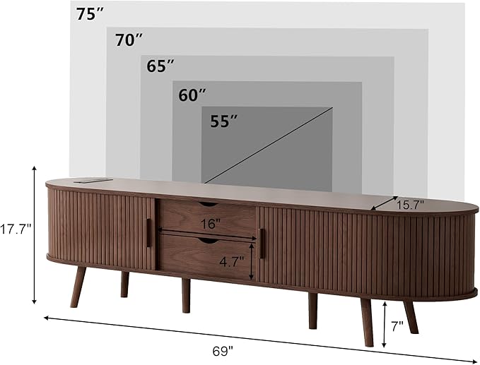 Alohappy 69" Mid Century Modern TV Stand with Power Outlet, Farmhouse Curved Edge TV and Media Console Table with Drawer and Shelf, Fluted Entertainment Center for Living Room, Bedroom, Walnut