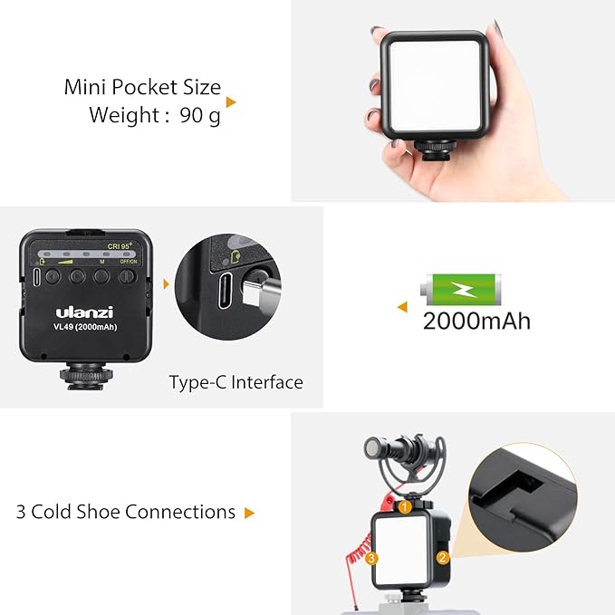 ULANZI VL49 2000mAh LED Video Light w 3 Cold Shoe, Rechargeable Soft Light Panel, Portable Photography Lighting for DJI OSMO Sony DSLR Canon Camera GoPro Vlogging
