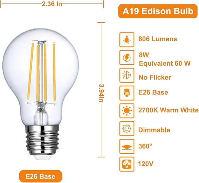 Vinaco A19 Dimmable LED Bulb 2700K Warm White, 4 PCS A19 Edison Bulb, 8W Equal 60W Clear Light Bulbs, Long Lasting 806LM Edison Bulbs E26 LED CRI85+ for Living Room, Chandelier