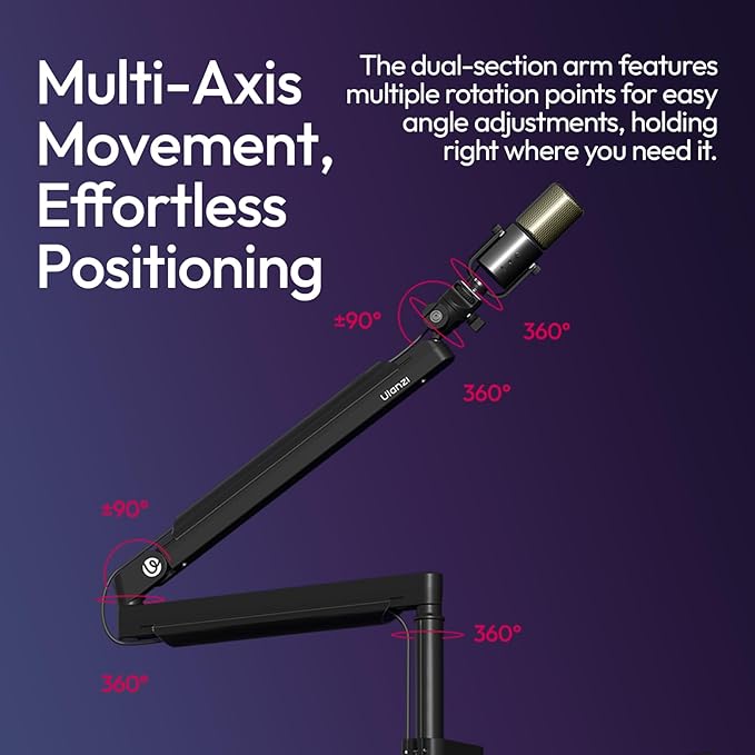 ULANZI ZJ05 Premium High-Low Profile 2-in-1 Design Microphone Boom Arm with Ballhead Cold Shoe Fully Adjustable, with Cable Management Channels, Desk Clamp for Podcast Streaming Gaming Studio