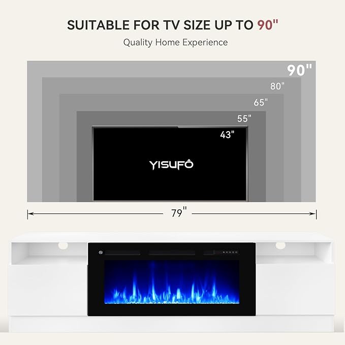80” TV Stand with 36” Electric Fireplace, Large Modern Media Entertainment Center with Storage Cabinet and 12 Colors LED Lights for TVs Up to 90",White and Black