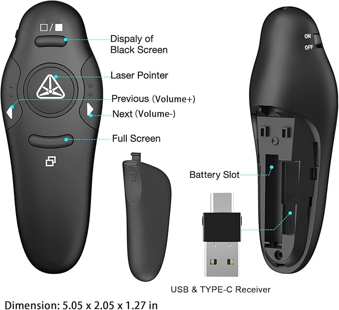 2-in-1 USB Type C Presentation Clicker Wireless Presenter Remote with Laser Pointer, RF 2.4GHz USB C PowerPoint Clicker Slide Advancer for Computer/Mac/Laptop