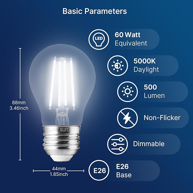 FLSNT A15 LED Edison Bulbs 60W Equivalent, Dimmable E26 LED Bulbs for Chandelier, 5000K Daylight, 82 CRI, 4W, 500LM, AC 120V, 12 Pack