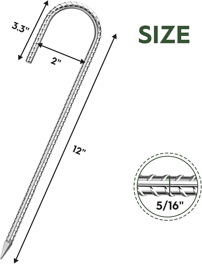 12 inches Ground Stakes Heavy Duty 28 Pieces Metal Fence Rebar Stake 5/16" Diameter J Hook Ground Spikes, Tent Stakes, Swing Set and Gazebo Anchors