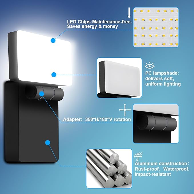 ledmo 60W LED Outdoor Wall Light 350° Horizontal/180° Vertical Modern Commercial Security Lights DIY-Friendly Adjustable Exterior Flood Lighting 5000k 6000lm IP66 for Upper Areas Yard Patio