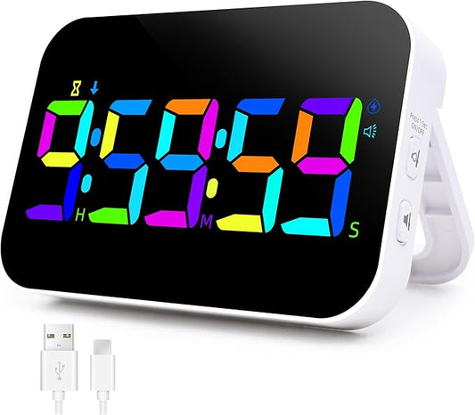 Digital Kitchen Timer, 10 RGB Color Rechargeable Magnetic Timer for Cooking with Count Down Up, 5”LED Large Display, Kids Timers for Classroom Home Office Gym Work Study Fitness Game