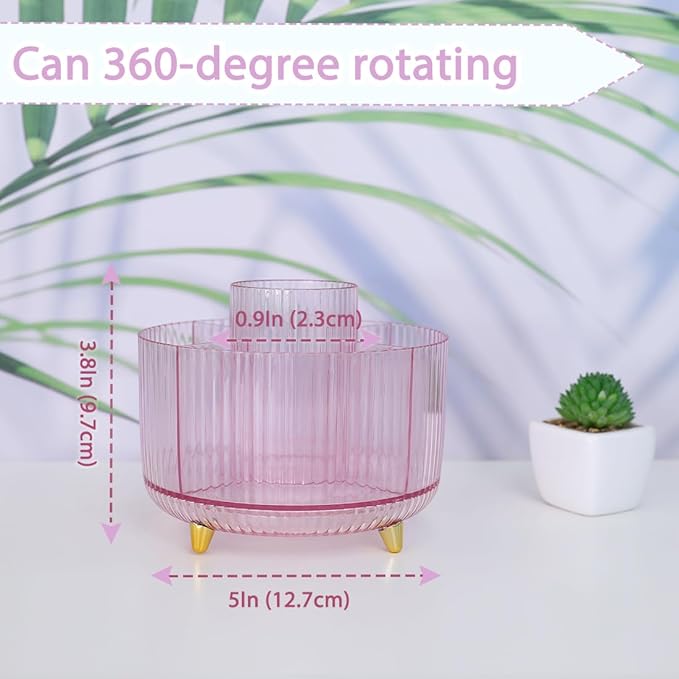 SKYDUE Rotating Pencil Pen Holder, Pen Organizer with 5 Slots - Aesthetic Desk Organizer and Accessories for School, Home, Office Supplies, Clear Pink
