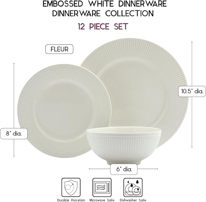 Tabletops Gallery Embossed Bone White Porcelain Round Dinnerware Collection- Chip Resistant Scratch Resistant, Fleur 12 Piece Dinnerware Set (Dinner Plate, Salad Plate, Cereal Bowl)
