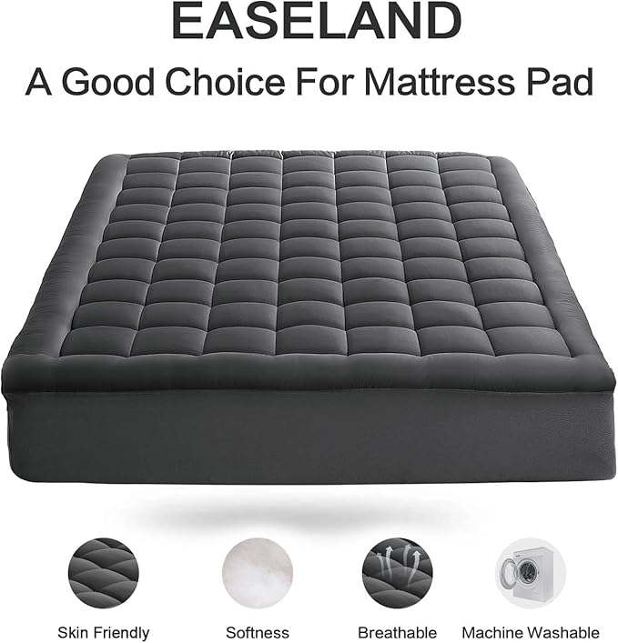 EASELAND Queen Size Mattress Pad Pillow Cover Quilted Fitted Mattress Protector Cotton Top 8-21" Deep Pocket Cooling Mattress Topper (60x80 Inches, Dark Grey)