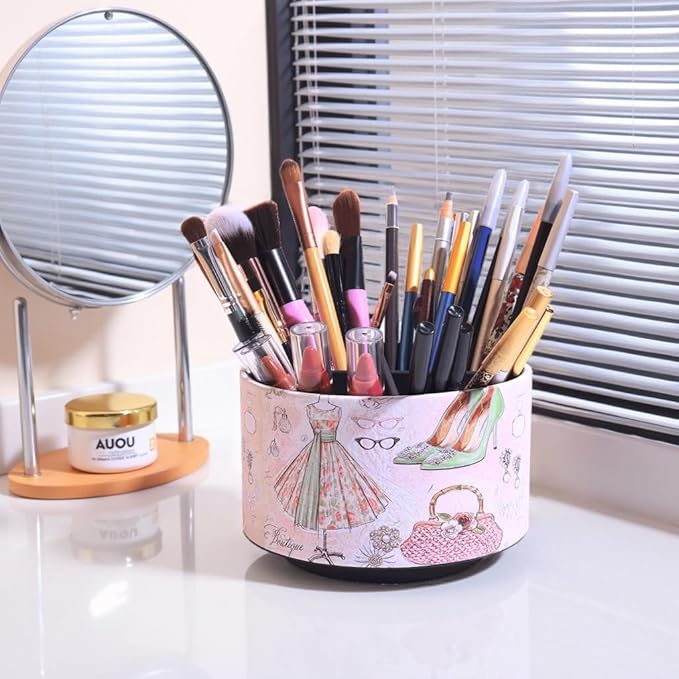 360° Rotate Desk Pen Organizer, Makeup Brush Holder Organizer, Makeup Organizers Countertop, TV Remote Control Holder,Leather Remote Caddy,Dual-Purpose Art Supply Pencil Cup (Fashion illustration)