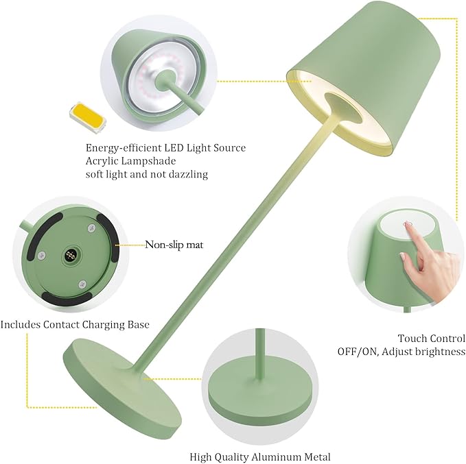 Ralaby IP54 Cordless Table Lamps Portable Rechargeable Battery Operated Lamp, Modern Aluminum Dimmable Indoor/Outdoor Cordless Desk Lamp for/Restaurant/Bar/Cafe/Bedroom (2 Pack,Green,4800mAh)