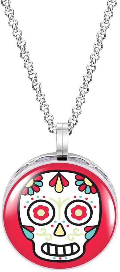Wild Essentials Cartoon Sugar Skull Enamel Finish Essential Oil Diffuser Necklace Gift Set - includes Aromatherapy Pendant, 24" Stainless Steel Chain, 8 Color Refill Pads