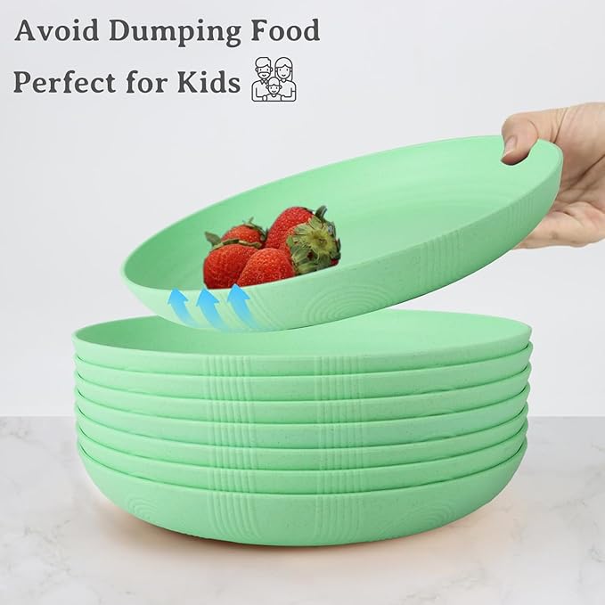 Wheat Straw Plates - 9 Inch Unbreakable Dinner Plates Set of 8 - Dishwasher & Microwave Safe Plastic Plates Reusable for Kitchen and Camping (Light Green)