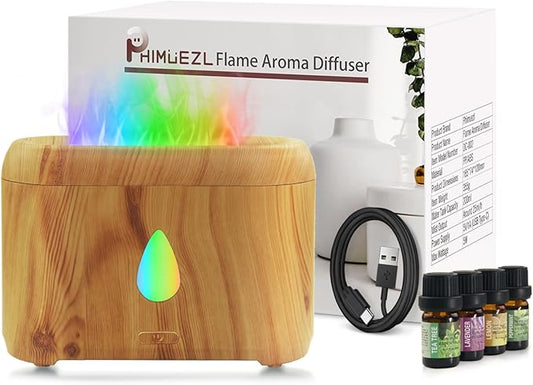 Flame Diffuser for Essential Oils, 200ml Ultrasonic Aroma Diffusers with Cool Mist, Aromatherapy Diffuser with Auto-Off Protection (Wooden Grain(7 Colors), Peppermint+Lavender+Tea Tree+Lemon)
