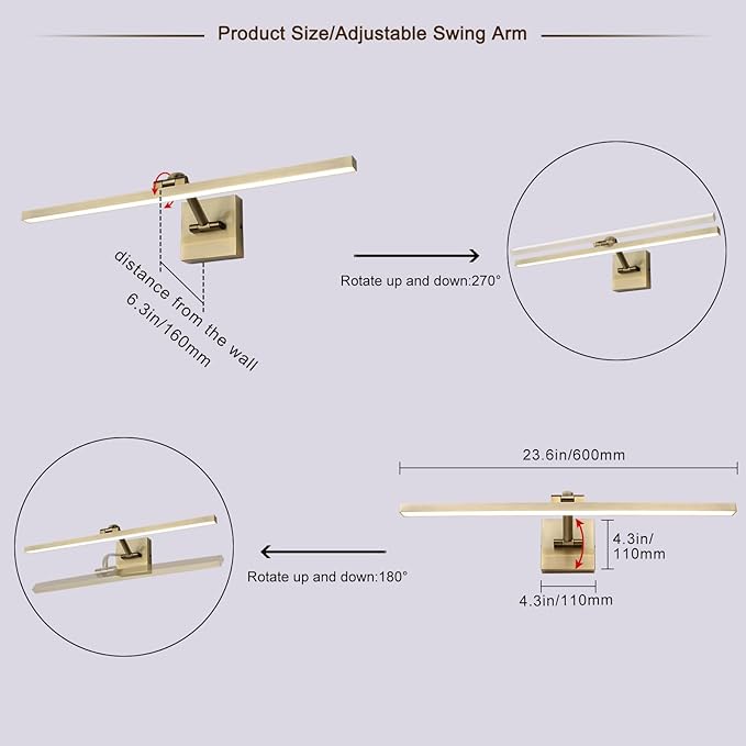 LED Modern Dimmable Picture Lights for Wall 23.62 Inch Hard-Wired Picture Frame Lights for Paintings Gallery Light with Adjustable Swing Arm Display Lights For Artwork,14W, Warm White Antique Bronze