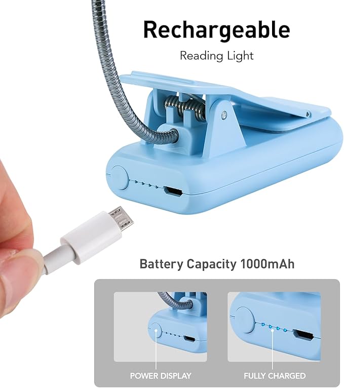 VAVOFO Rechargeable Book Light for Reading in Bed Kids, 7 LED Reading Light with 9-Level Warm Cool White Daylight, Eye Care Lamp with Power Indicator for Bookworms (Light Blue)